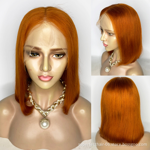 Ready To Ship Wholesale Price Ginger Color Bob Wig Brazilian Virgin Hair Transparent Lace Front Wig Colored Bob Wig